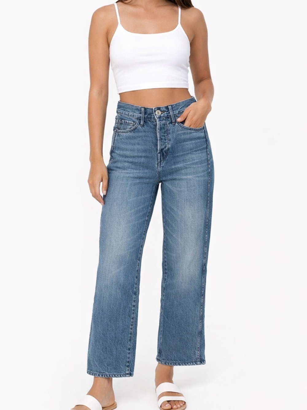 3x1 Straight-Leg Ankel Cropped Jeans in Medium Blue Wash